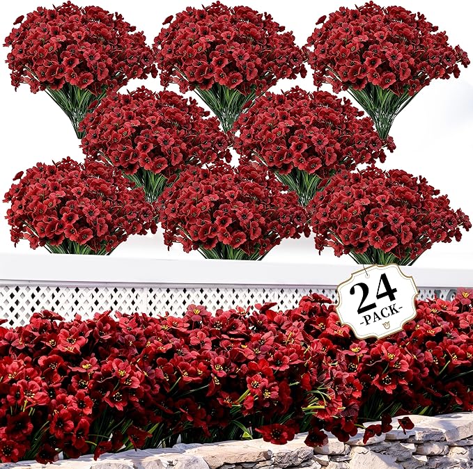 ColoPlay 24 Bundles Burgundy Artificial Flowers for Outdoors Fake Plant Mum | Artificial Flowers for Outdoors/Indoors Fake Mums Flowers Plants for Outside Garden Porch Window Box Home Wedding Farmhouse
