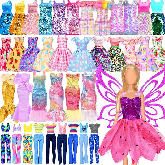BYMORE 12 Set Doll Clothes Kit, Include Fashion Dresses, Floral Dresses, Sequins Dresses, Evening Party Dresses, Fairy Dresses with Wings, Tops and Pants in Gift Box for 11"-12" Dolls