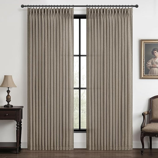 70 Inch Extra Wide Pinch Pleat Linen Sheer Kids Room Curtains 102 Inches Long, Brown Colored Memory Trained Light Filtering Privacy Neutral Windows Curtain & Drapes 2 Panels for Nursery with Back Tab