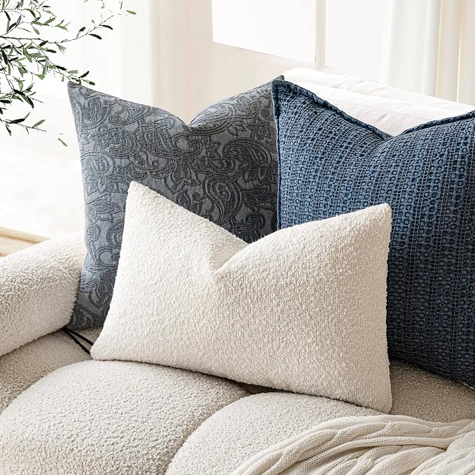 Foindtower Pack of 2 Textured Boucle Throw Pillow Covers Accent Solid Pillow Cases Cozy Soft Decorative Couch Cushion Case for Chair Sofa Bedroom Living Room Home Decor, 20 x 12 Inch,White