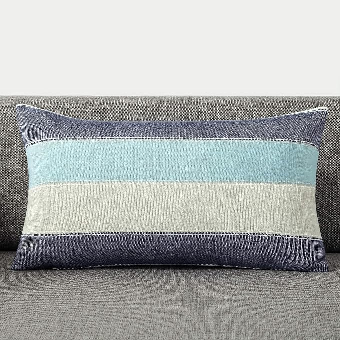 Pack of 2 Farmhouse Stripe Check Throw Pillow Covers Set Case Cotton Linen Decorative Pillowcases Cushion Cover for Couch Bench Sofa 12x20Inch Blue Beige