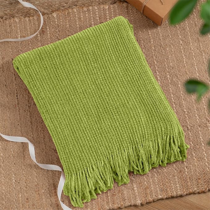BATTILO HOME Apple Green Throw Blanket for Couch, 60"x80" | Soft Knit Chenille Throw Blanket with Tassels for Home Decor, Spring Green Throws for Couch Cover