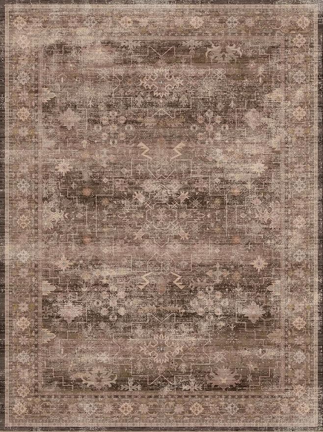 Hazo Haus Brown 9x12 Living Room Rug - Vintage Western Eclectic Unique Neutral Taupe, Washable Low Pile Non-Slip Large Area Rugs for Dining Under Table Bedroom Under Bed