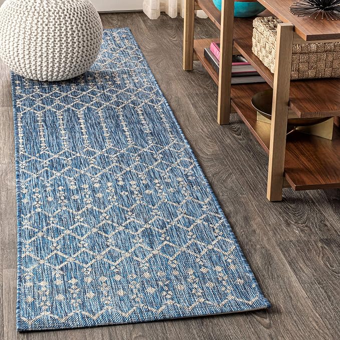 JONATHAN Y Moroccan Geometric Indoor Outdoor Runner Rug 2X8 Navy/Light Gray, Ourika Textured Weave for Backyard, Patio, Porch, Easy-Cleaning, High Traffic, Pet-Friendly, Non-Shedding (SMB108B-28)