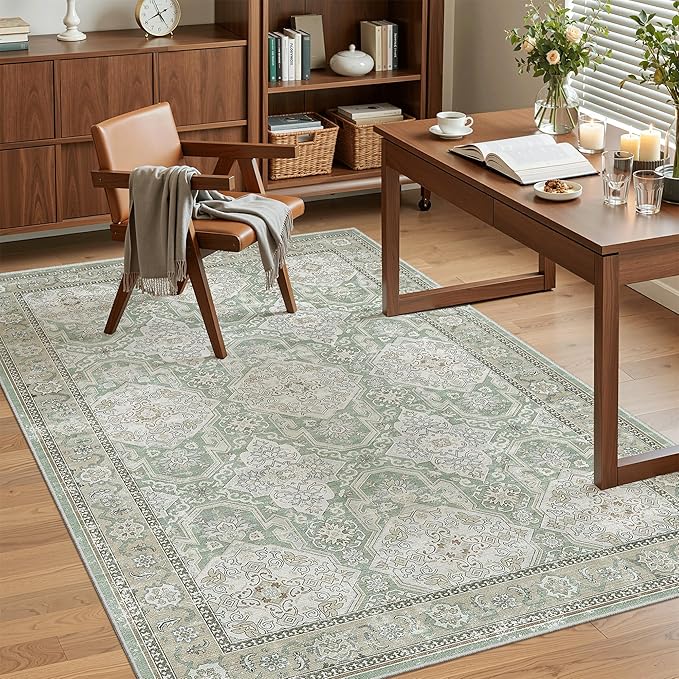 Soalmost 3x5 Rugs, Small Washable Kitchen Entryway Area Rug Green/Brown | Vintage Low Pile Carpet for Nursery Coffee Table Bathroom, Foldable Stain Resistant Indoor Door Mat Entrance Powder Room