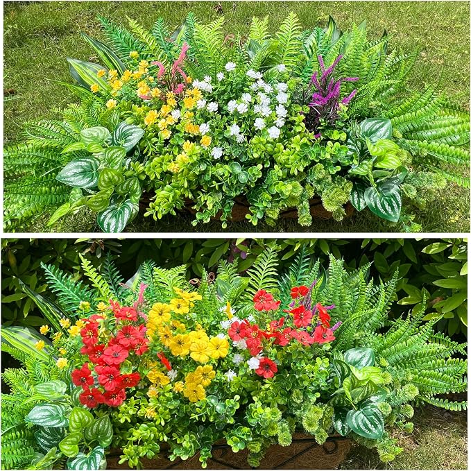 Alupssuc 24 Pcs Artificial Plants Flowers for Outdoors UV Resistant Decor | No Fade Plastic Spring Fake Plants Greenery, For Patio Porch Garden Pathway Home Spring Decor, 4 Colors