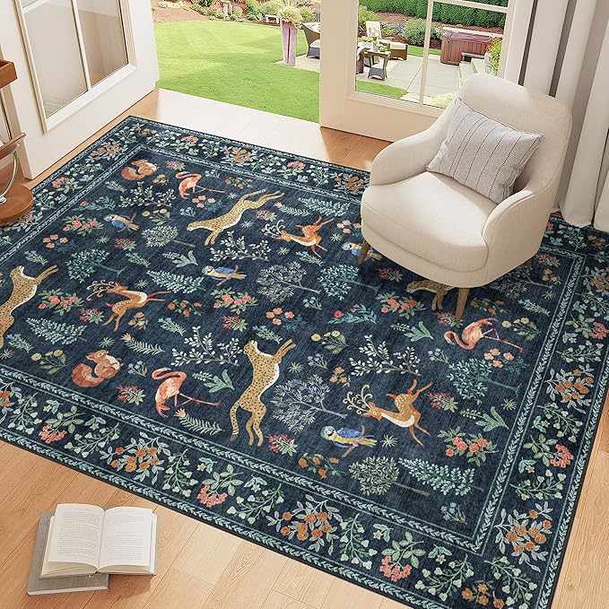 DUKINO 4x6 Area Rug, Non Slip Animal Washable Living Room Rug, Navy Blue | Soft, Low Pile, Stain Resistant Indoor Carpet for Bedroom, Dining Room, Nursery, Farmhouse, Pet Friendly, Non-Shedding