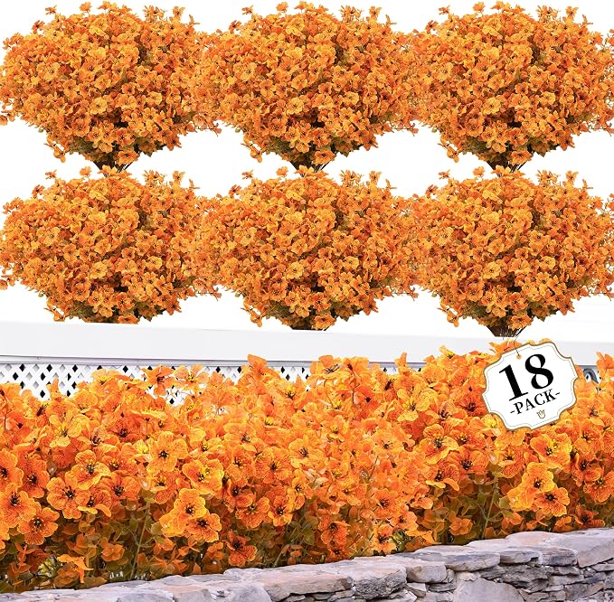 ColoPlay 18 Bundles Artificial Mums for Outdoors, Fake Flowers Fall Decor | Faux Mums for Outdoor Planters, Eucalyptus Leaves UV Resistant Fake Plants for Home Porch Box Wedding Farmhouse(Fall Orange)