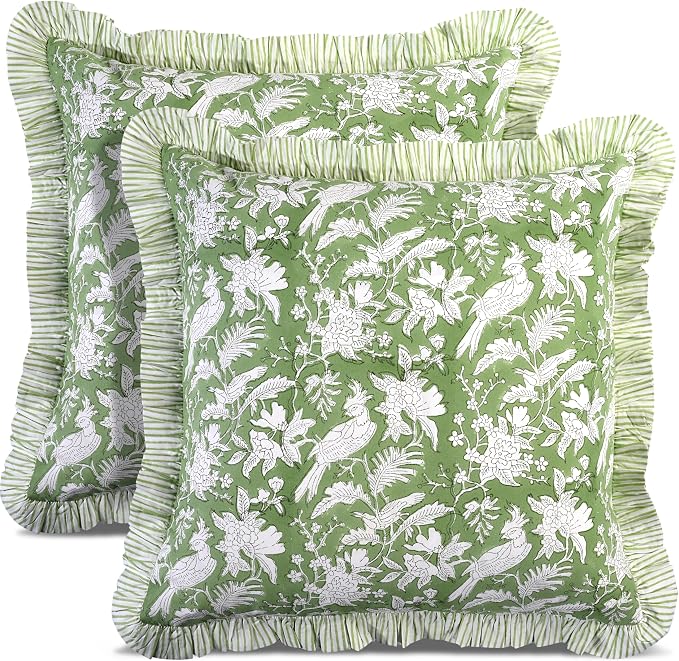 CPC Olive Green 100% Cotton Block Print Ruffle Pillow Cover 16X16 inch, Handmade Boho Floral Pillowcase, Farmhouse Cottagecore Bedding, Soft Decorative Cushion Cover for Bedroom Décor