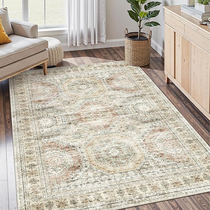 Soalmost 5x7 Area Rugs Brown/Pink Low Pile Washable Trendy Faded Style Rug | Vintage Non-Slip Indoor Accent for Bedroom Dining, Foldable Stain Resistant Floor Carpet Mat Under Table Home Office Decor