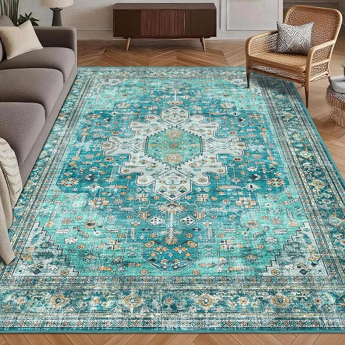Washable Area Rug 4' x 6' Vintage Traditional Persian Mat - Foldable Distressed Non-Slip Machine Washable Carpet for Living Room Bedroom Kitchen Home Decor - Teal and Gold