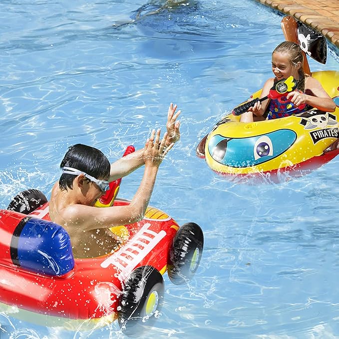 2 Pack Inflatable Kids Pool Floats with Water Gun, Pool Toys for Kids Ages 4-8, Blow Up Toddler Pool Floats, Swimming Pool Game Toys, Fire Truck and Pirate Ship Floaties for Boys Girls and Child