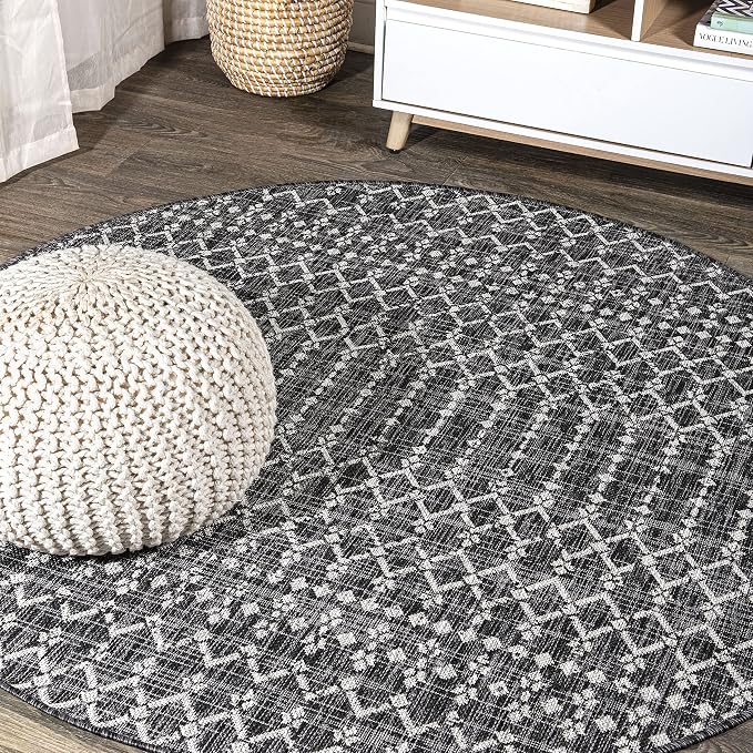 JONATHAN Y Moroccan Geometric Indoor Outdoor Round Area Rug 5 Ft Black/Gray, Ourika Textured Weave for Backyard, Patio, Porch, Easy-Cleaning, High Traffic, Pet-Friendly, Non-Shedding (SMB108F-5R)