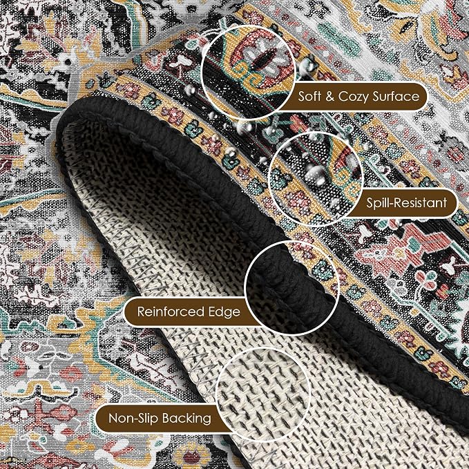 Washable Area Rug 2'6'' x 8' Vintage Traditional Persian Mat - Foldable Distressed Non-Slip Machine Washable Carpet for Living Room Bedroom Kitchen Home Decor - Slate and Multicolor
