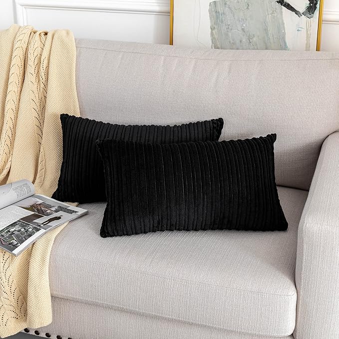 UGASA 14x24 Inch Pillow Cover Pack of 1 Soft Boho Stripe Corduroy Long Rectangular Lumbar Cushion Cover Farmhouse Decorative Throw Pillowcase for Bed, Couch, Sofa, Bedroom, Living Room, Black