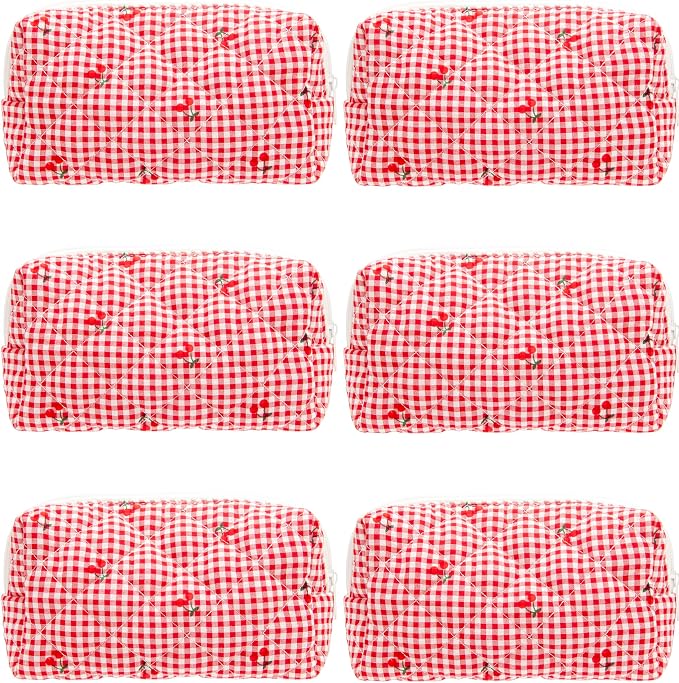 Small Quilted Makeup Bag,Zipper Cosmetic Pouch,Gingham Red Cherry,6 Pack | Lightweight Cosmetic Bag Organizer for Women,Purse Storage Holds Makeup,Toiletries,Skincare,Beauty Essentials,Travel Items
