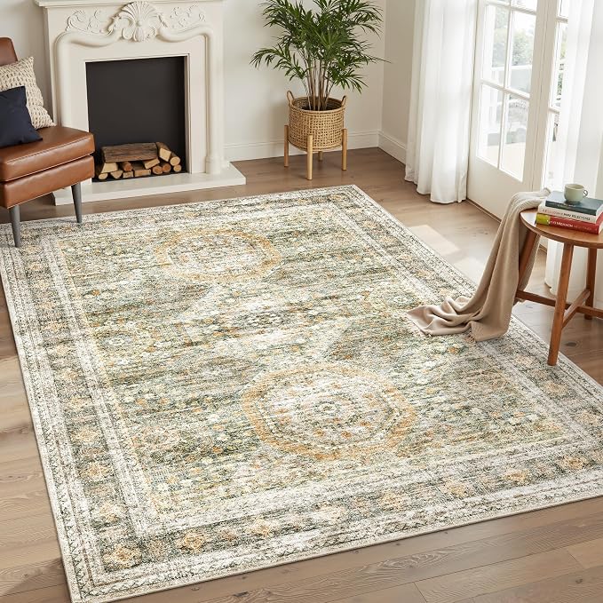 Soalmost 6x9 Area Rug for Living Room Washable Rugs Non-Slip Green/Orange | Low-Pile Vintage Carpet for Dining Bedroom, Foldable Thin Stain Resistant Floor Mat Under Table Home Office Nursery Decor
