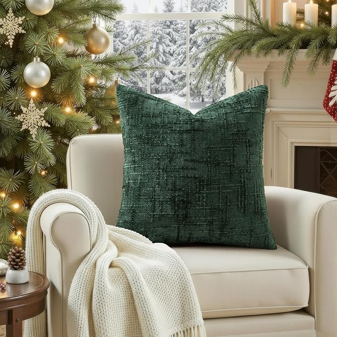 decorUhome Textured Chenille Throw Pillow Covers 16x16 Set of 2 Green | Fall Modern Farmhouse Soft Cozy Slubby Couch Pillow Cases Boho Decorative Pillow Cases for Bed Sofa Living Room Home Decor