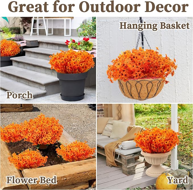 ColoPlay 18 Bundles Artificial Mums for Outdoors, Fake Flowers Fall Decor | Faux Mums for Outdoor Planters, Eucalyptus Leaves UV Resistant Fake Plants for Home Porch Box Wedding Farmhouse(Orange)