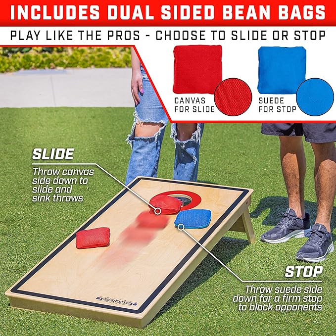 GoSports Tournament Edition Regulation Cornhole Game Set - 4 ft x 2 ft Wood Boards with 8 Dual Sided (Slide and Stop) Bean Bags