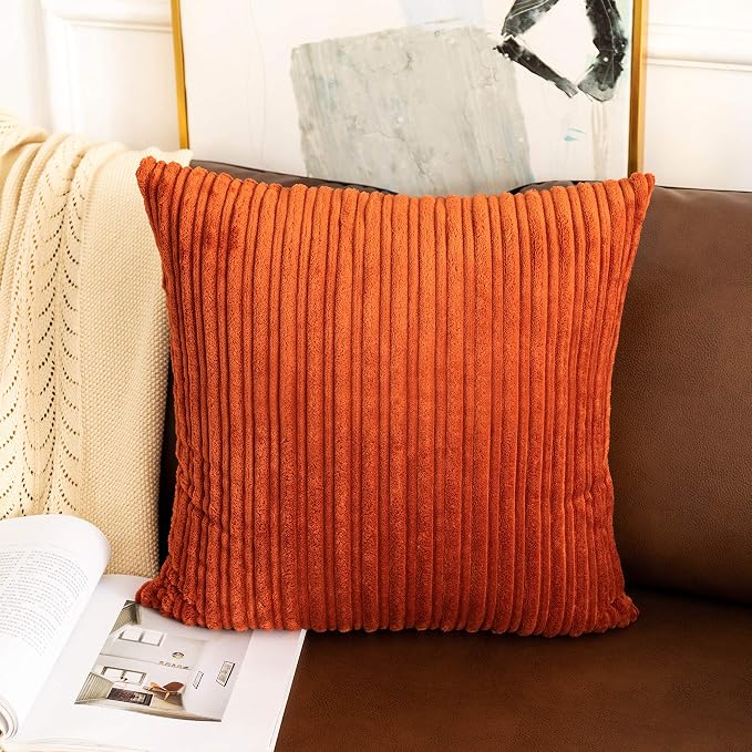 UGASA Fall Decor Super Soft Striped Corduroy Pillow Covers Large Throw Pillow Sham Cushion Cover Living Room, 2 Pcs, 26" x 26" (66cm), Burnt Brick