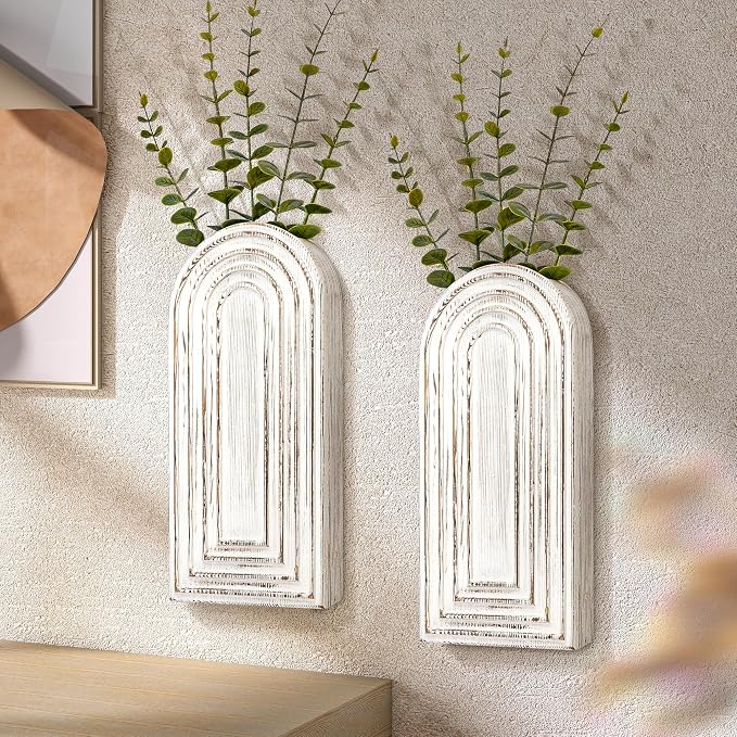 EOSAHR Wall Vase: Wall Planter for Indoor Plants & Fake Flowers, Whitewash | 2Pcs, Pine Wood, 3D Embossed Lines, Round Corner Design, Hanging Plant Holder, Wall Art for Living Room Decor
