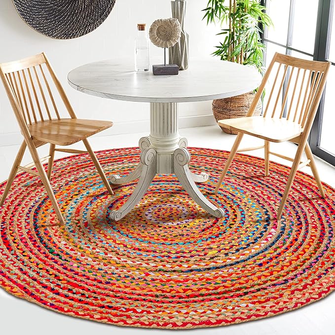Hausattire Bohemian Braided Rug 3' Round - Multi Color, Small Farmhouse Jute Cotton Area Rag Rugs for Kids Bedroom, Playroom | Colorful Circle Hand Woven Cute Accent Mat