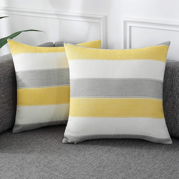 Pack of 2 Farmhouse Stripe Check Throw Pillow Covers Set Case Cotton Linen Decorative Pillowcases Cushion Cover for Couch Bench Sofa 16x16Inch Yellow Beige