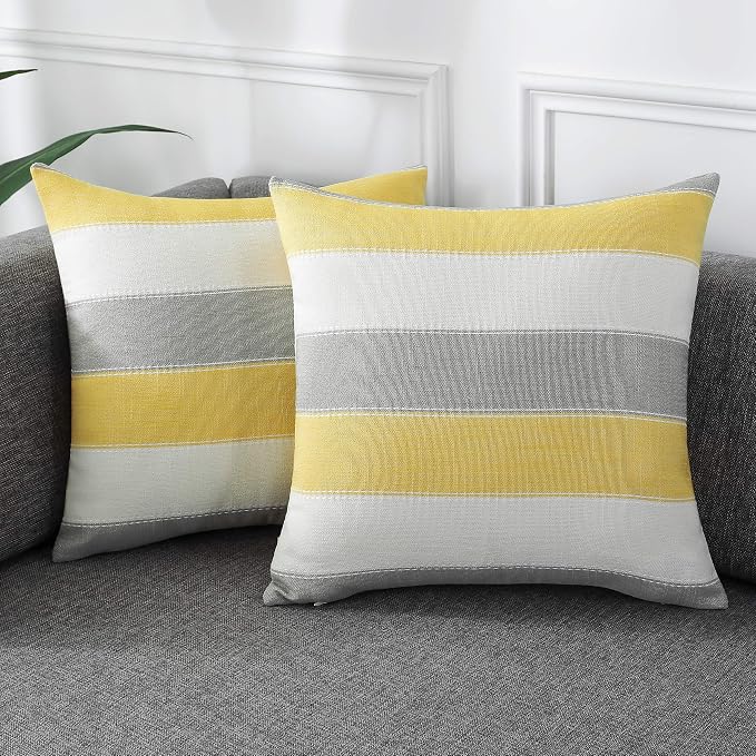 Pack of 2 Farmhouse Stripe Check Throw Pillow Covers Set Case Cotton Linen Decorative Pillowcases Cushion Cover for Couch Bench Sofa 18x18Inch Yellow Beige
