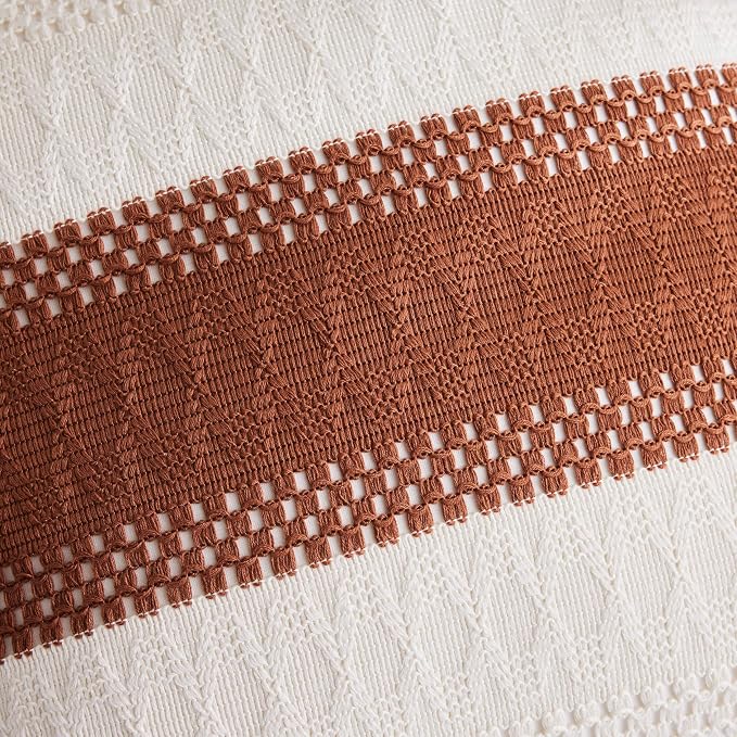 2pk Boho Pillow Covers 20x20, Natural White/Contrast/Terracota | 100% Organic Cotton Body, Stripe Embroidery, Farmhouse Decorative Cushion Covers for Sofa Bed Living Room Home Decor