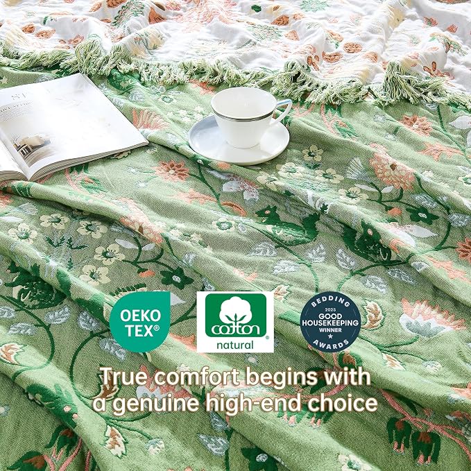 VANJOROY Boho Throw Blanket, 100% Organic Cotton Breathable Skin-Friendly Ultra Soft 50" x 60" Bed Quilt Green Throw - Floral Rustic Decor Luxury Reversible Blanket for Sofa Couch Chair and Gift,