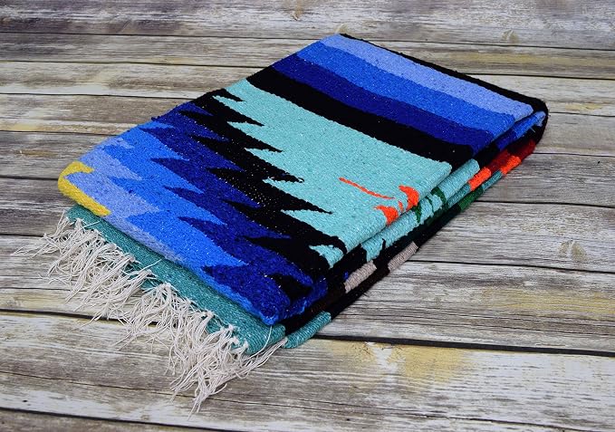 Open Road Goods Aztec Navajo Style Blanket, Throw, or Yoga Bolster - Handwoven Mexican Diamond Blanket (Mint)