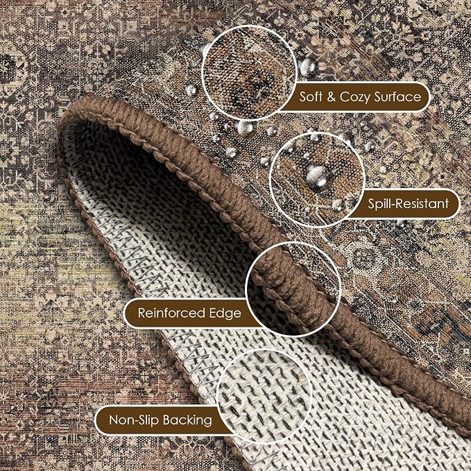 Washable Area Rug 6' x 9' Vintage Traditional Persian Mat - Foldable Distressed Non-Slip Machine Washable Carpet for Living Room Bedroom Kitchen Home Decor - Umber and Slate