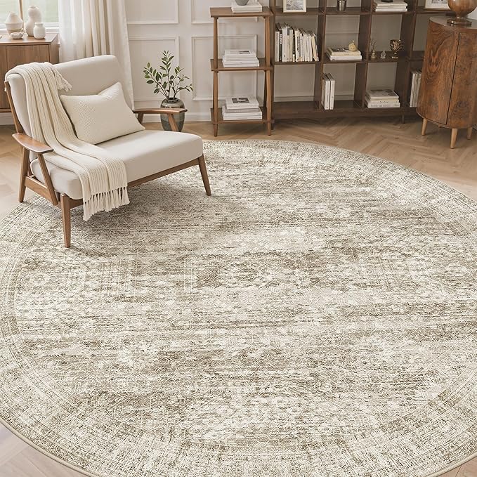 Soalmost Round Rugs 8ft Living Room Circle Area Rug 8x8 Brown Vintage | Washable Non Slip Indoor Carpet for Apartment, Dining Bedroom, Soft Low Pile Stain Resistant Foldable Floor Mat Entryway