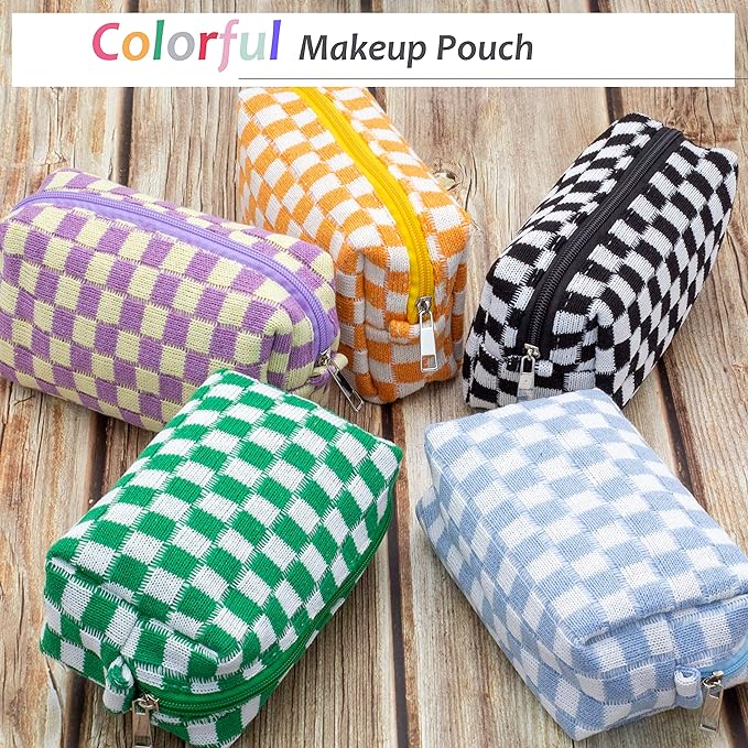 PAZIMIIK Checkered Makeup Bag for Purse Portable Zipper Make Up Pouch Small Cosmetic Case for Travel Accessories (6PCS Blue)