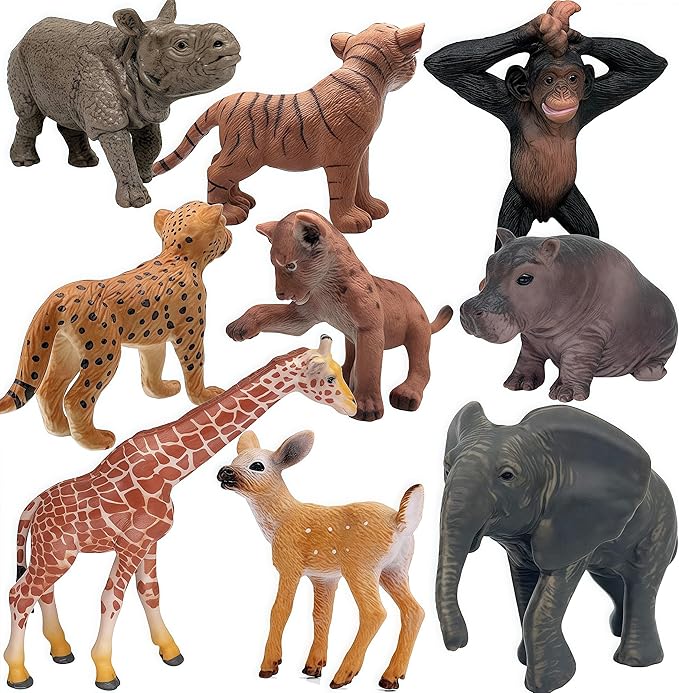 Gemini&Genius 9Pcs Wild Animal Cub Toys Kit for Kids, Jungle Animal Cub Toy Figures, Toy Gifts for Kids, Wildlife Toys, Cake Toppers, Realistic Soild Plasitc Figurines