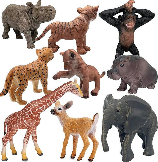Gemini&Genius 9Pcs Wild Animal Cub Toys Kit for Kids, Jungle Animal Cub Toy Figures, Toy Gifts for Kids, Wildlife Toys, Cake Toppers, Realistic Soild Plasitc Figurines