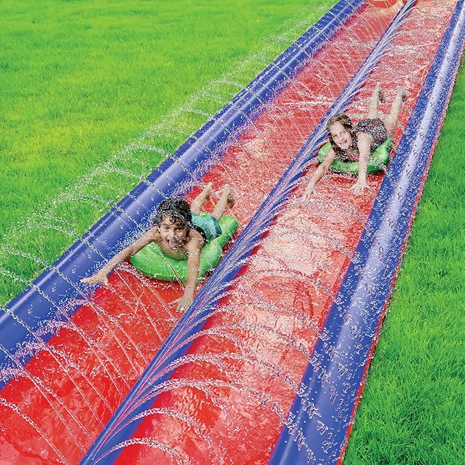 Stargo 2 Person Slide Backyard Water Fun Slip Down and Slide - 25 Feet x 6 Feet Waterslide with Sprinkler and Inflatable Body Boards for Kids - Outdoor Summer Toy