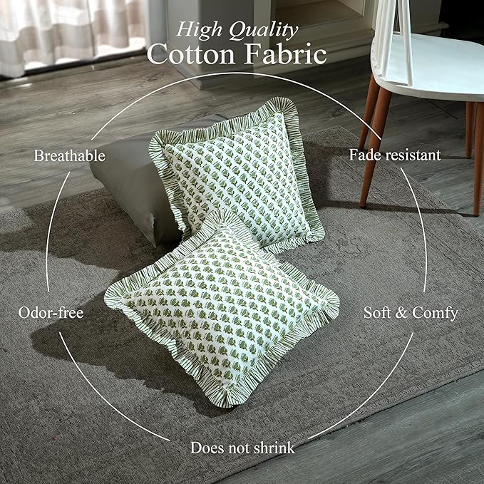 CPC Block Print Ruffle Throw Cover Emerald Green 18"x18" Inch Pack of 2-100% Cotton Ruffle Couch Decorative Boho Pillows Case for Living Room, Bedroom, Sofa, Farmhouse Gift for Spring, Mother's Day