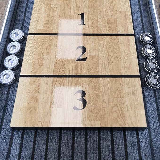 American Legend Kirkwood 9’ Shuffleboard Table with LED Rails, Bowling Game Set, Rustic Wood Finish & Accessories Included
