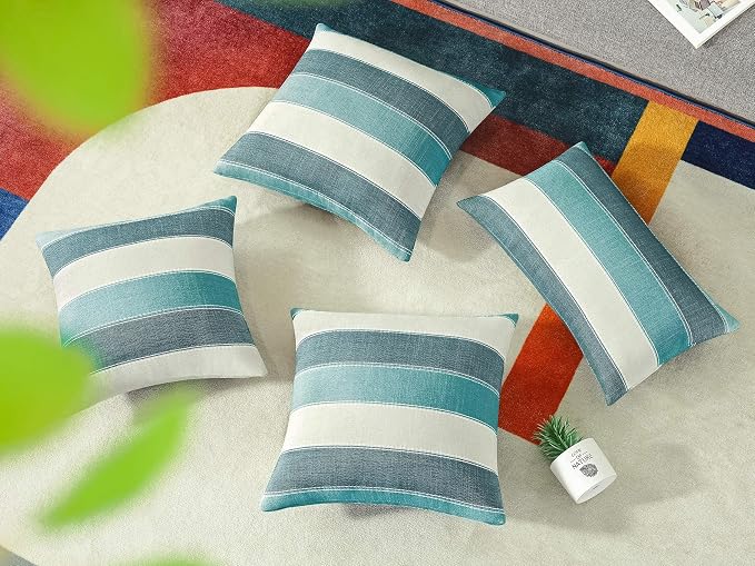Pack of 2 Farmhouse Stripe Check Throw Pillow Covers Set Case Cotton Linen Decorative Pillowcases Cushion Cover for Couch Bench Sofa 12x20Inch Teal Blue