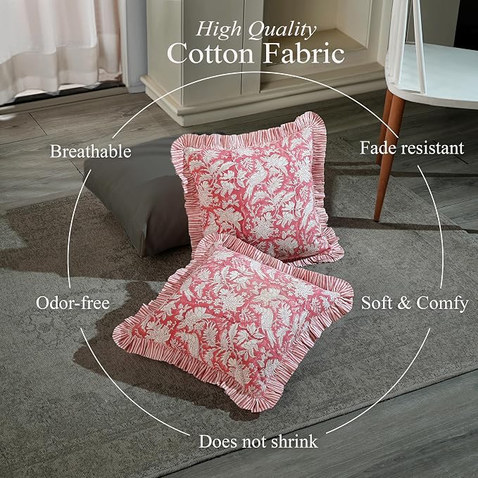 CPC Pink Coral Ruffle Throw Pillow Covers for Couch, 24x24 Inch Cotton Stripe Ruffle Couch Pillows for Living Room, Hidden 20 Inch Zipper Boho Pillow Case or Cute Outdoor Pillows