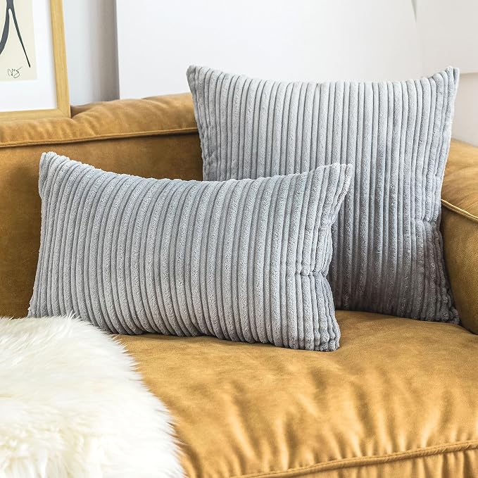 UGASA Velvet Pillow Covers Striped, Decorative Throw Cushion Case with Hidden Zipper for Home Couch/Bedroom, Soft Cozy Solid Oblong, 1 Piece (12"x20", Light Grey)