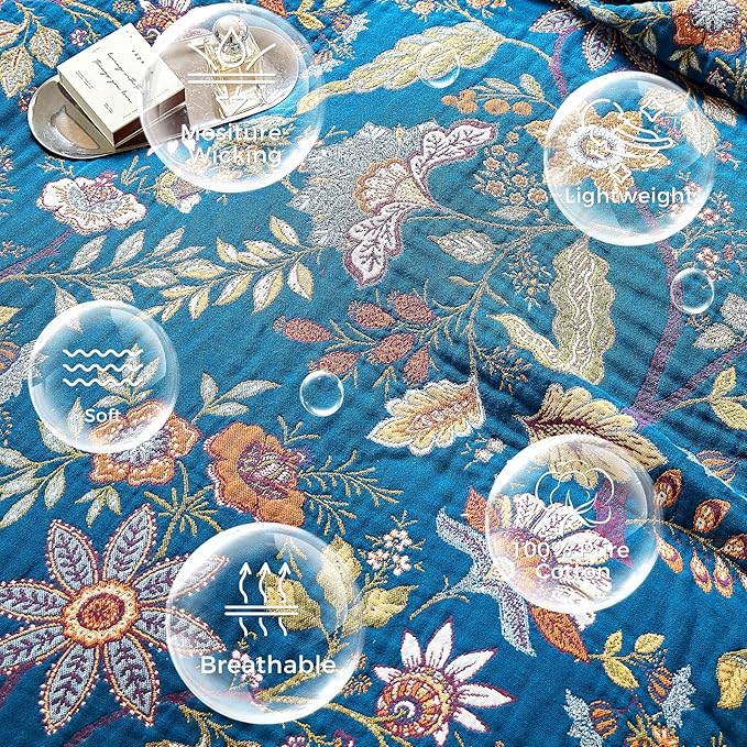 LUTBM Boho Throw Blanket for Couch 50"x60", Cotton Decorative Bed Throw | Blue Reversible Floral Jacquard, All-Season Blankets, For Chair Sofa Living Room Decor, Lightweight Breathable Gauze
