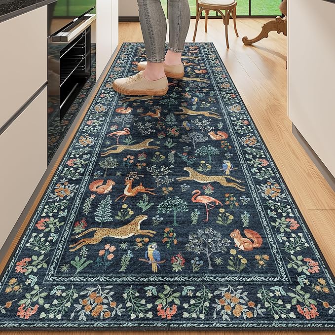 DUKINO 2x10 Kitchen Runner Rug, Soft Non Slip Animal Washable Rug Navy Blue | Low Pile, Non-Shedding Indoor Carpet Runner for Hallway, Entryway, Bedroom, Bathroom, Laundry, Pet Friendly, Stain Resistant