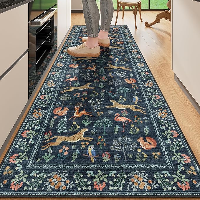 DUKINO 2x6 Runner Rug, Washable Animal Kitchen Rugs Non Slip, Navy Blue | Soft, Low Pile, Stain Resistant Indoor Carpet for Hallway, Entryway, Bedroom, Bathroom, Laundry,Pet Friendly, Lightweight