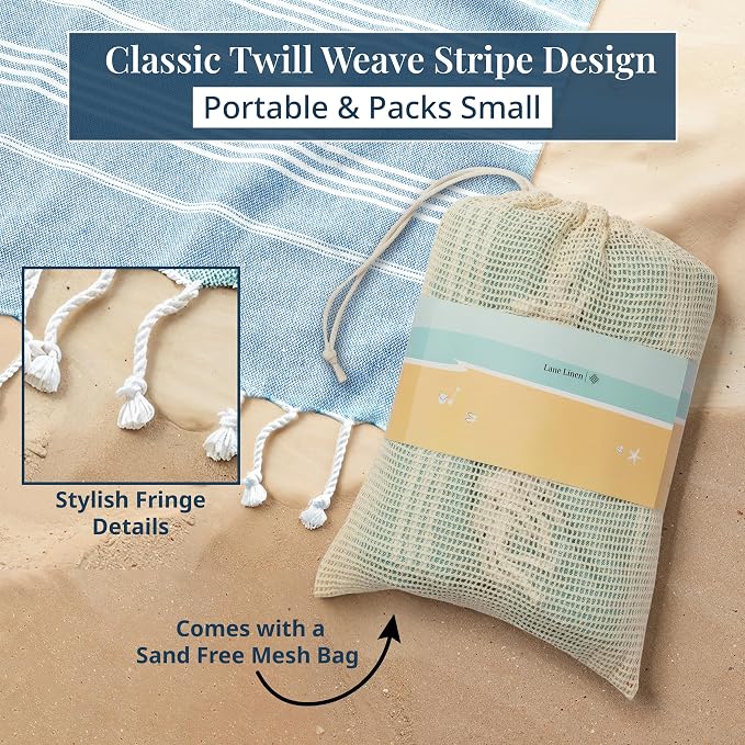 LANE LINEN Beach Towels Oversized - Picnic Blankets (82x82), Sand- Free Beach Accessories Must Haves for Family Vacations, Park Outings with Easy Carry, Quick Setup & Dry, Machine Washable – Sky Blue