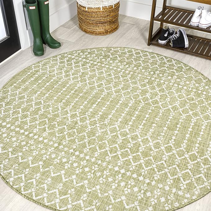 JONATHAN Y Moroccan Geometric Indoor Outdoor Round Area Rug 5 Ft Light Green/Cream, Ourika Textured Weave for Backyard, Patio, Porch, Easy-Cleaning, Pet-Friendly, Non-Shedding (SMB108N-5R)