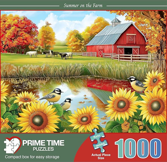 1000 Piece Jigsaw Puzzle for Adults - Sunflowers Birds and Cows by The Barn on The Country Farm - Challenging Puzzle - Perfect for Game Nights - Colorful - 20x27 inch