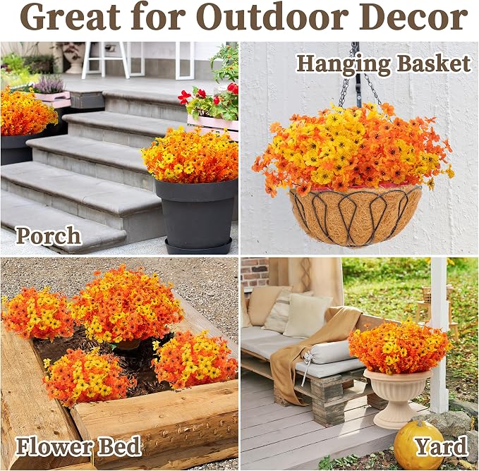 ColoPlay 16 Bundles Artificial Mums for Outdoors, Fake Flowers Fall Decor | Faux Mums for Outdoor Planters, Eucalyptus Leaves UV Resistant Fake Plants for Home Porch Box Wedding Farmhouse(Fall Red)